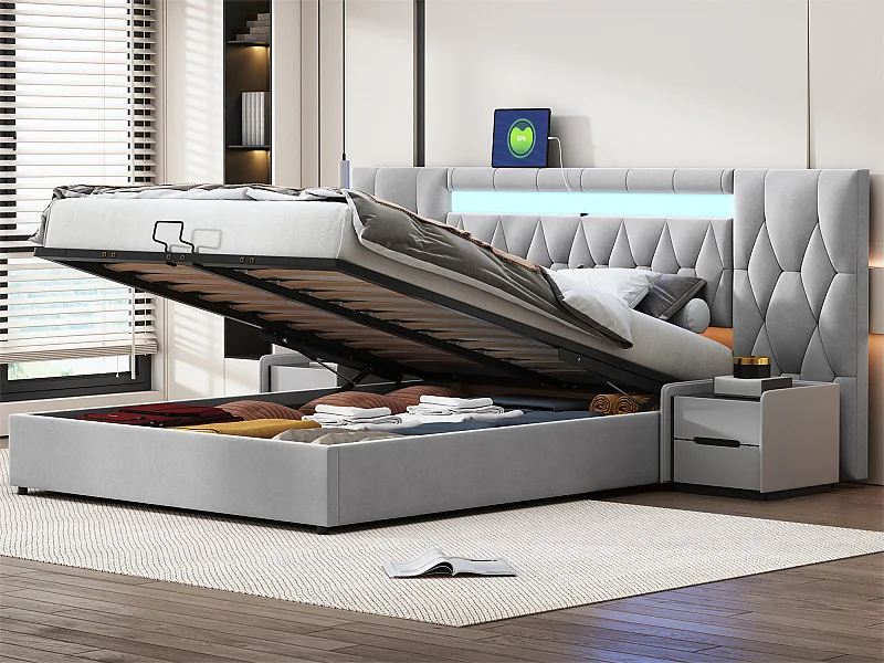 Lit coffre 160x200 cm en velours - avec LED et prise USB - Gris