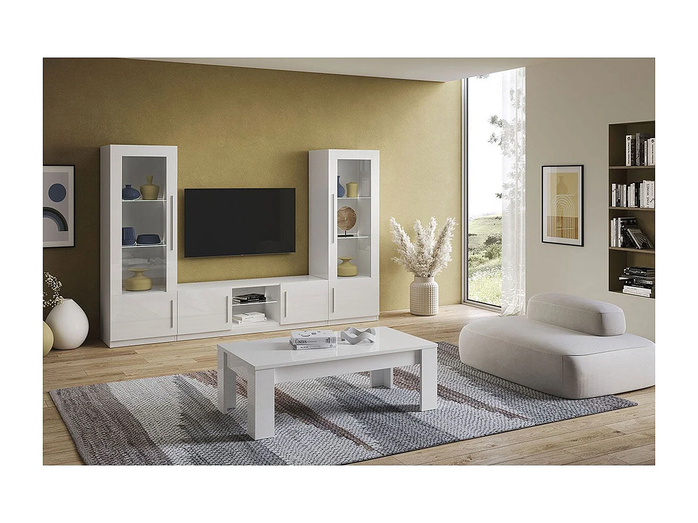 CLARK - Ensemble Salon Complet Laqué Blanc Meuble TV et Vitrines avec Leds + Table Basse