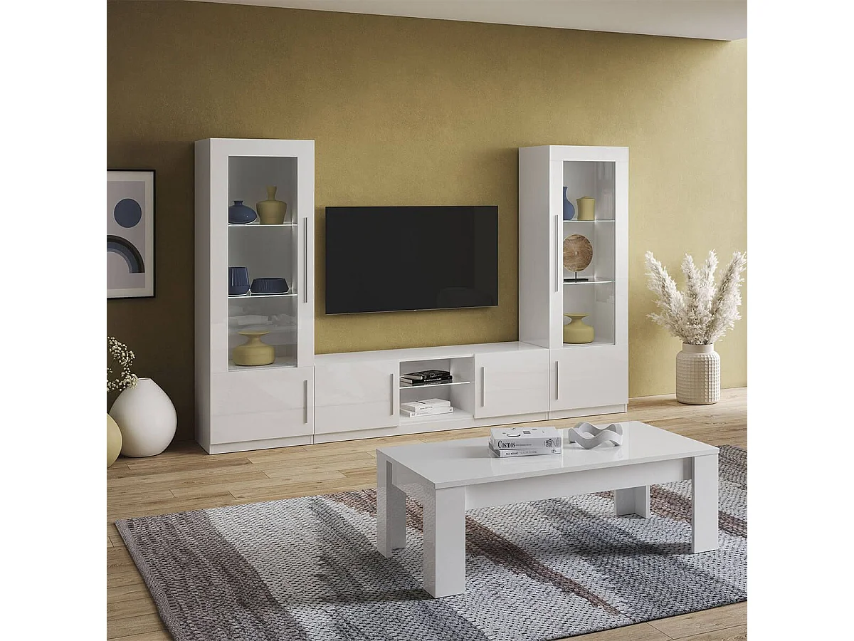 CLARK - Ensemble Salon Complet Laqué Blanc Meuble TV et Vitrines avec Leds + Table Basse