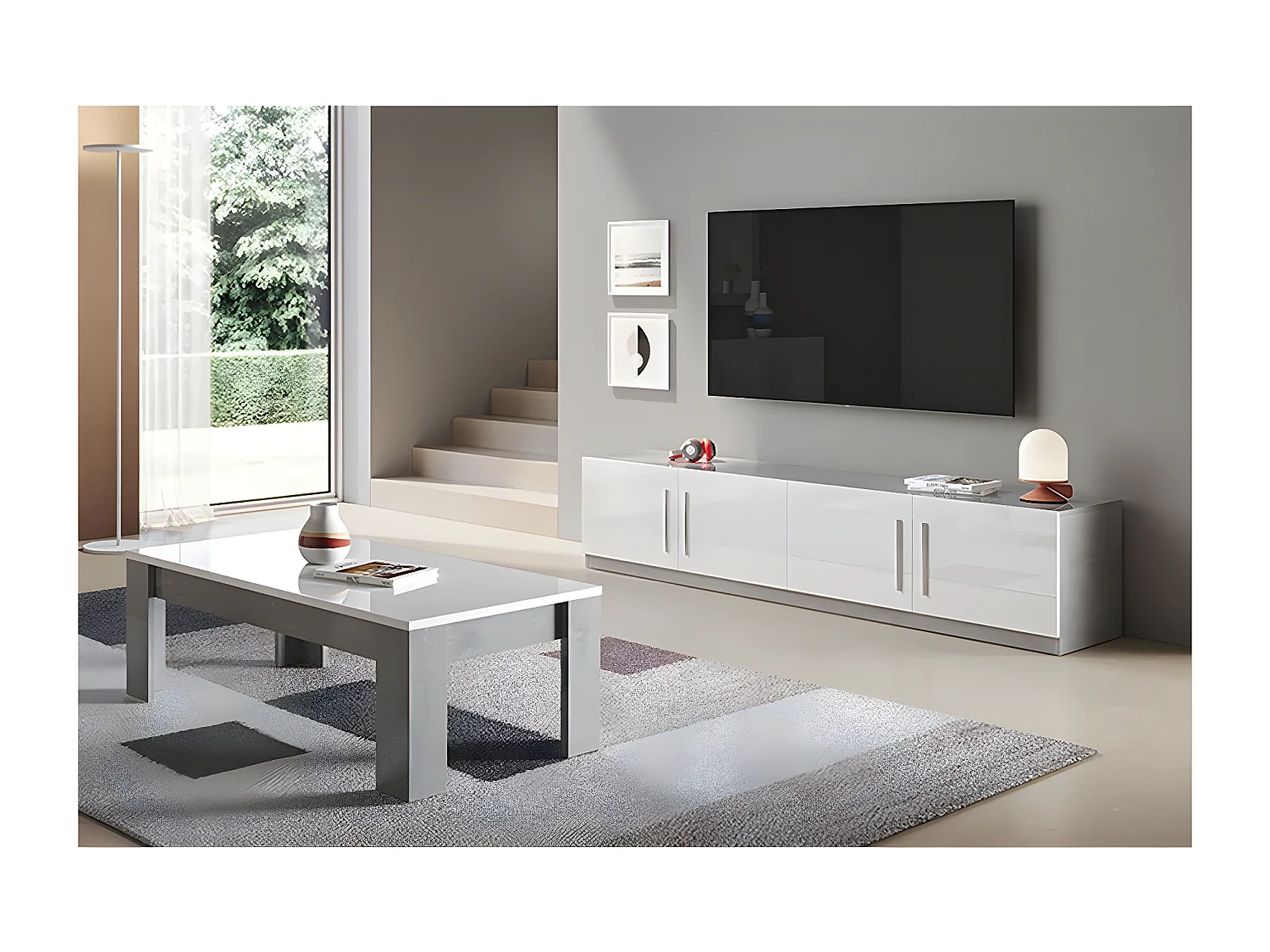 CLARK - Ensemble Salon Blanc et Marbre Meuble TV + Table Basse
