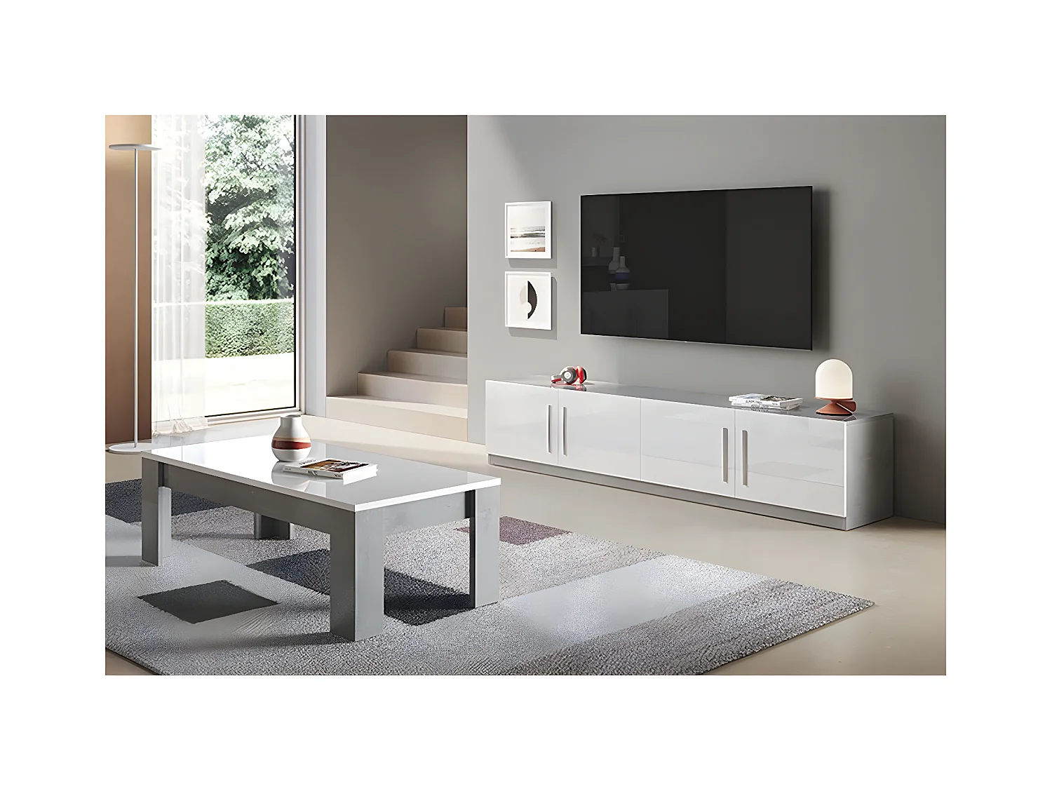 CLARK - Ensemble Salon Blanc et Marbre Meuble TV + Table Basse