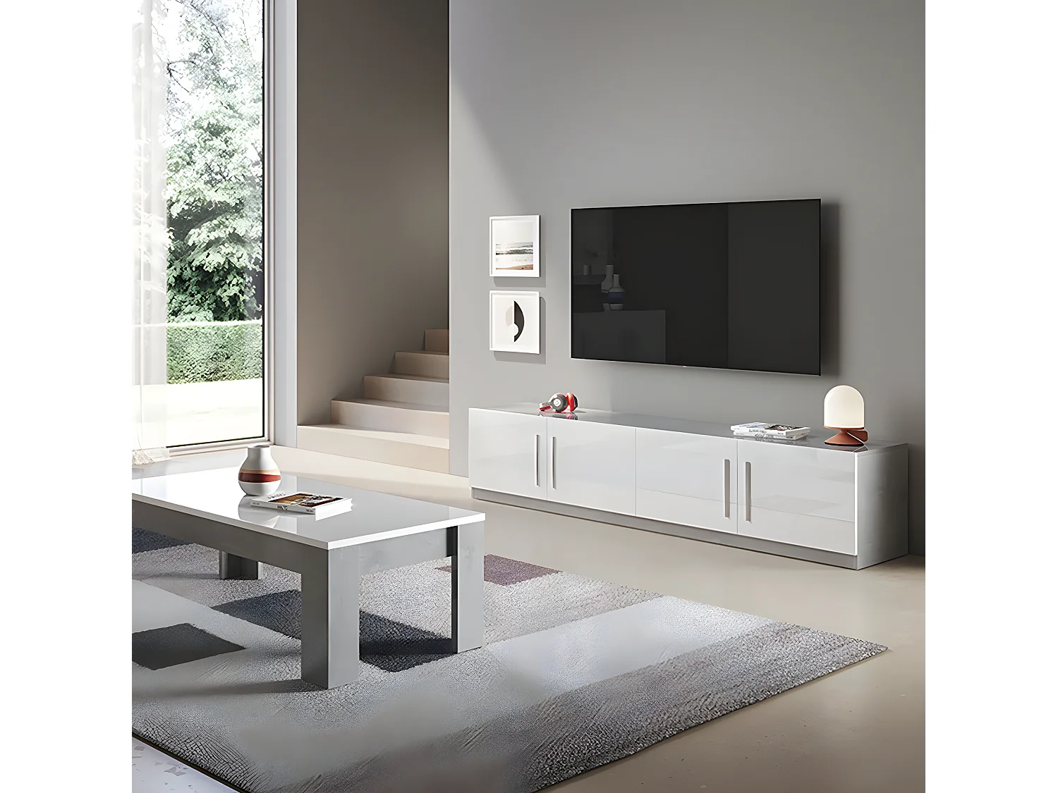 CLARK - Ensemble Salon Blanc et Marbre Meuble TV + Table Basse
