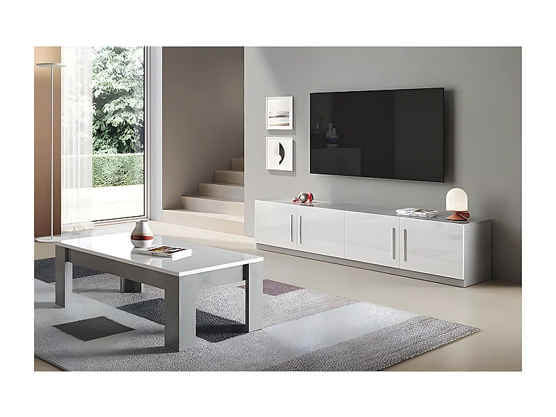 CLARK - Ensemble Salon Blanc et Marbre Meuble TV + Table Basse