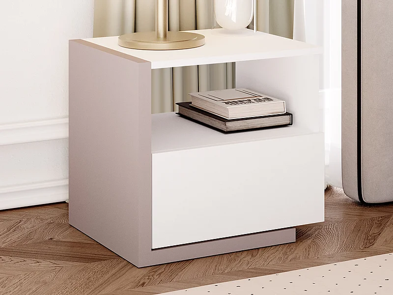 Table de chevet - 1 tiroir et 1 niche - Blanc et taupe - NAPOLI II