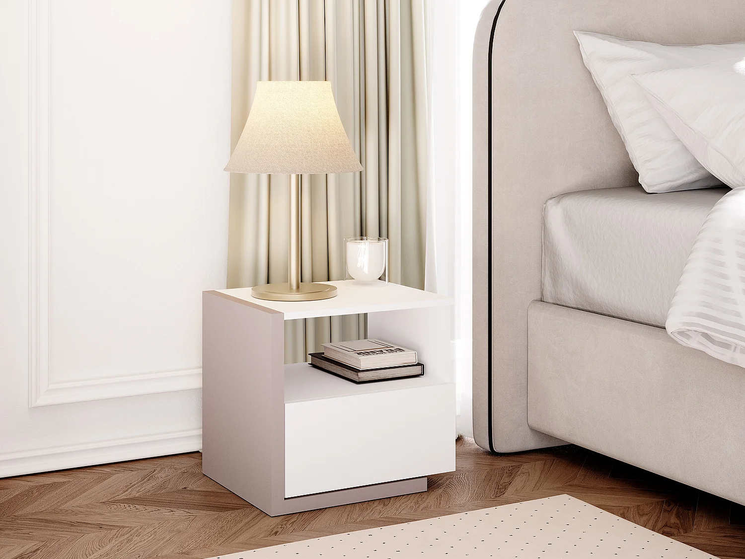 Table de chevet scandinave - 1 tiroir et 1 niche - Blanc et taupe - NAPOLI II