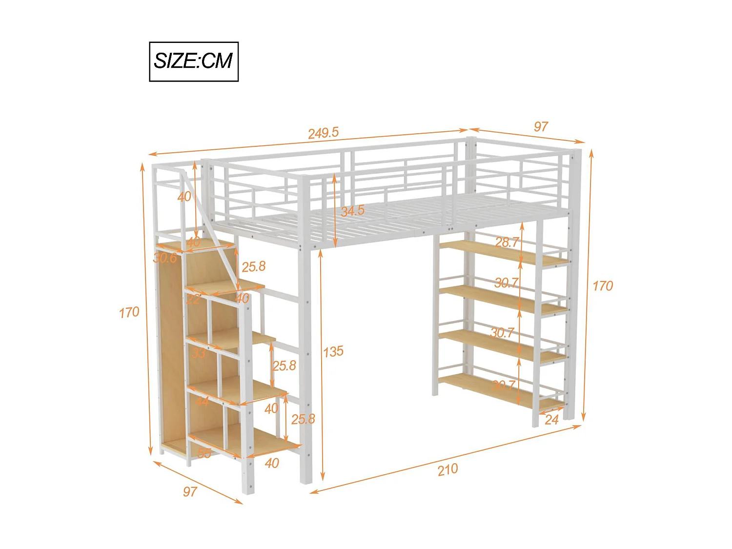 Lit mezzanine 90x200 cm - avec petite armoire et étagères de rangement - Blanc