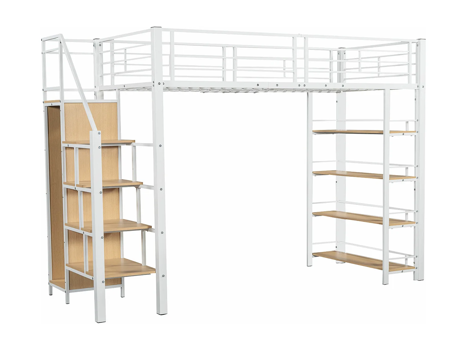 Lit mezzanine 90x200 cm - avec petite armoire et étagères de rangement - Blanc