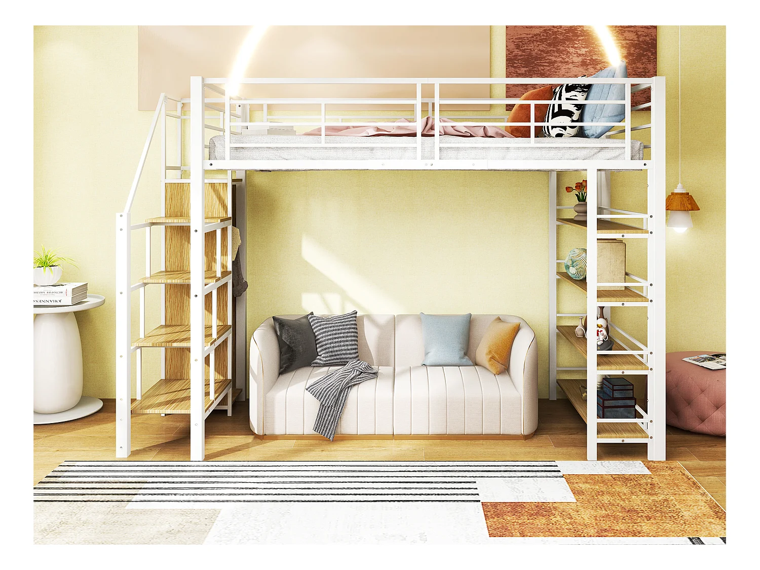 Łóżko mezzanine 90x200 cm - z małą szafką i półkami do przechowywania - Białe