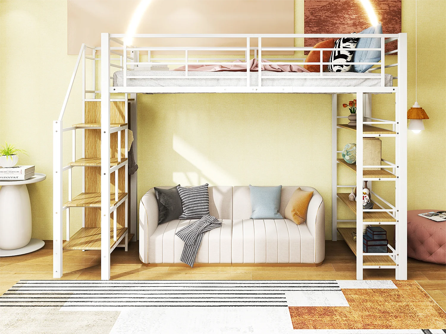 Lit mezzanine 90x200 cm - avec petite armoire et étagères de rangement - Blanc