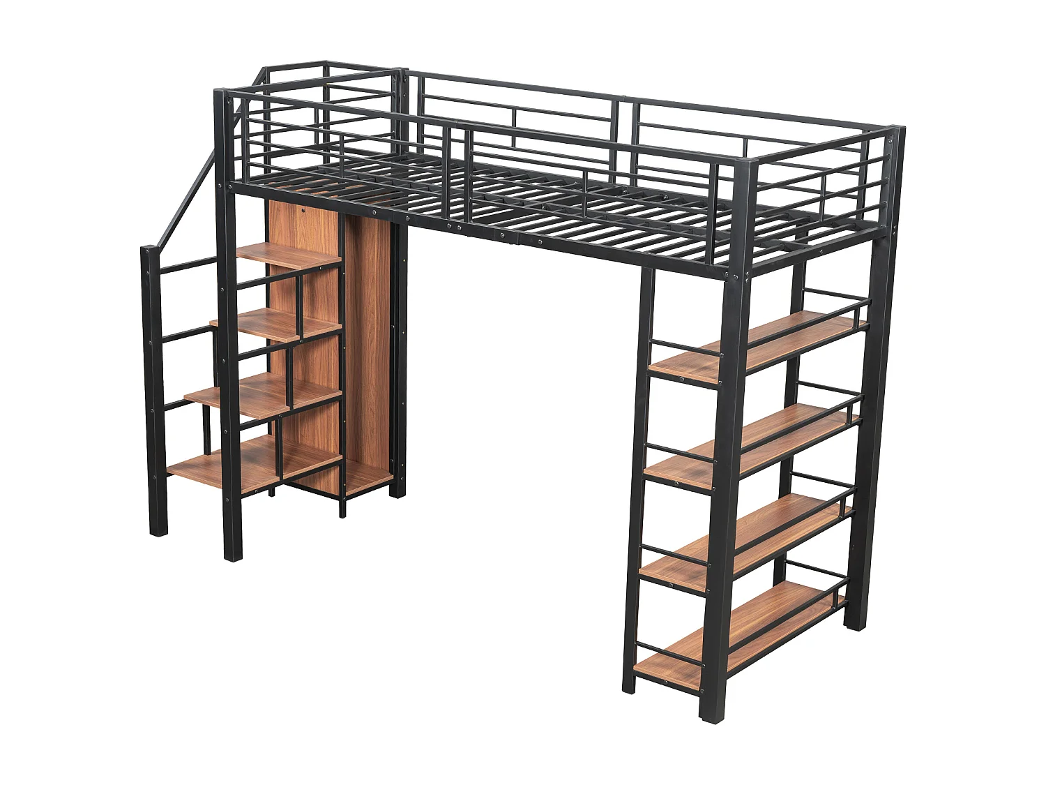 Lit mezzanine 90x200 cm - avec petite armoire et étagères de rangement - Noir