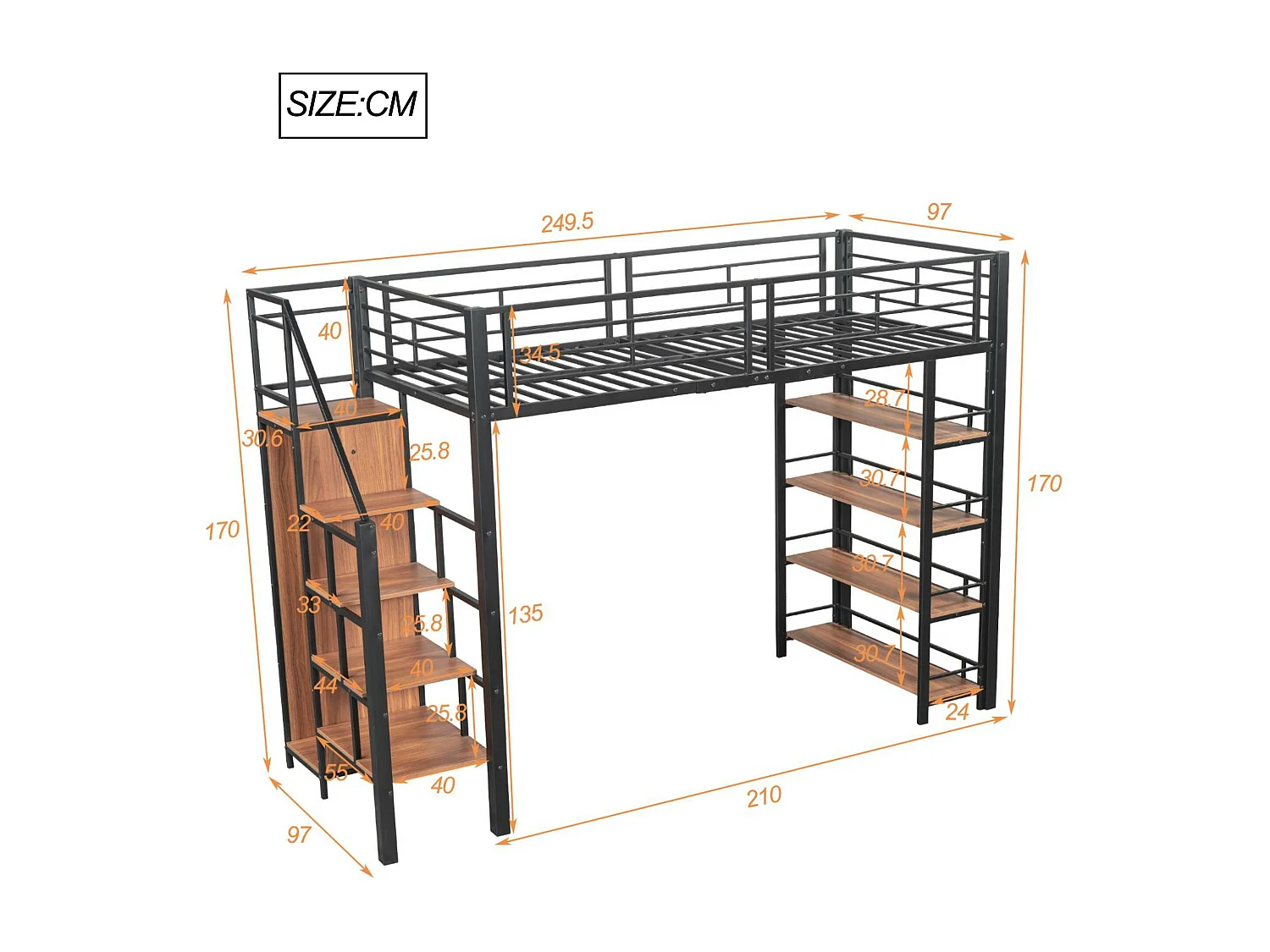 Lit mezzanine 90x200 cm - avec petite armoire et étagères de rangement - Noir