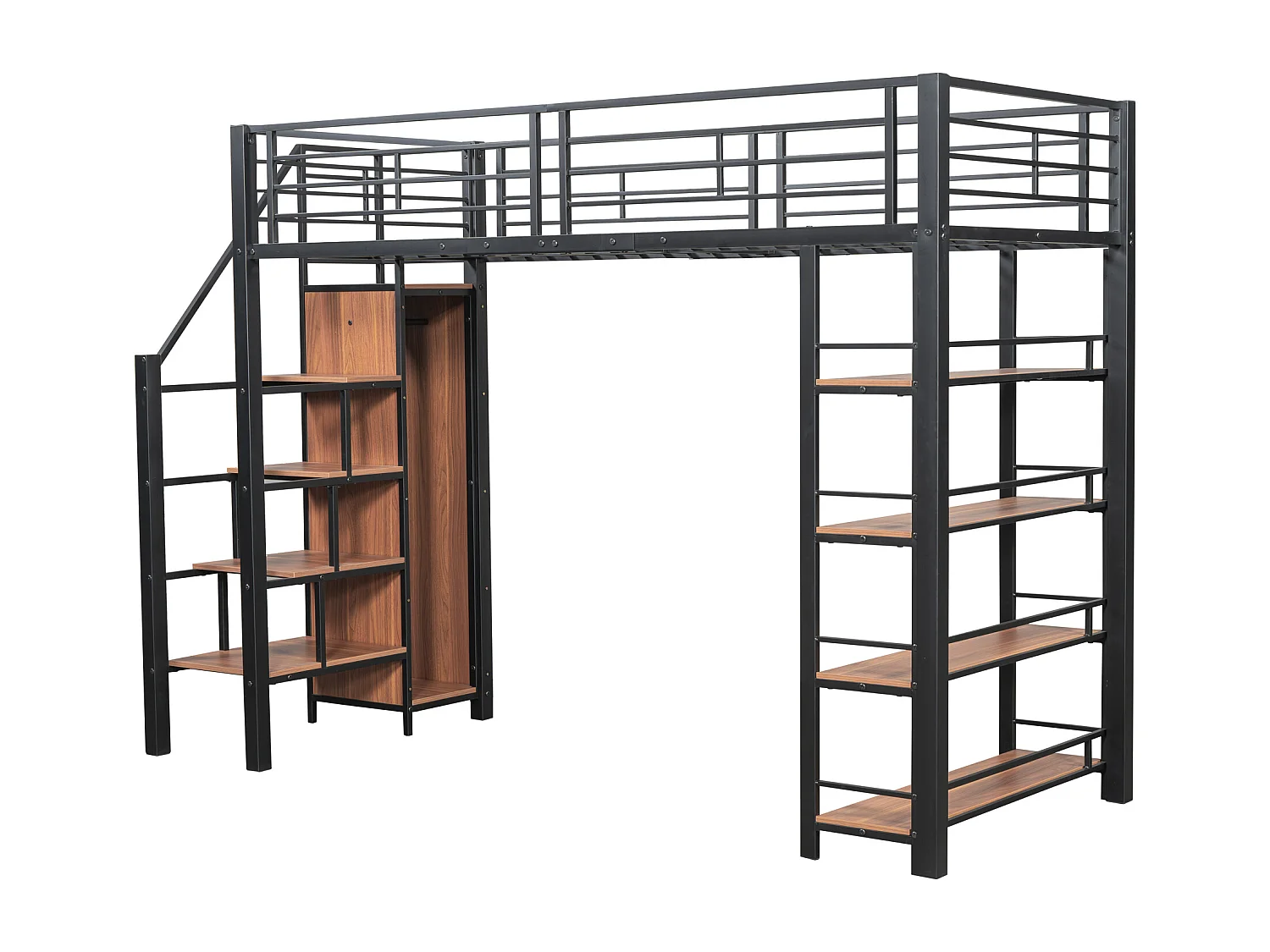 Lit mezzanine 90x200 cm - avec petite armoire et étagères de rangement - Noir