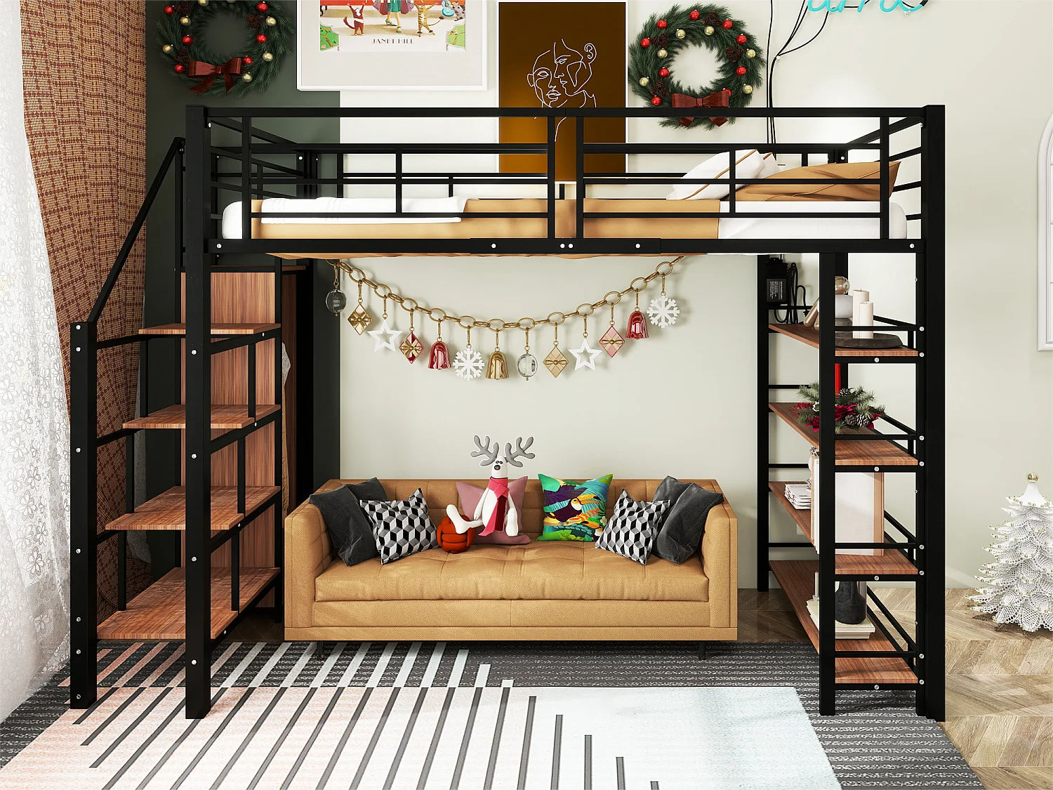 Lit mezzanine 90x200 cm - avec petite armoire et étagères de rangement - Noir