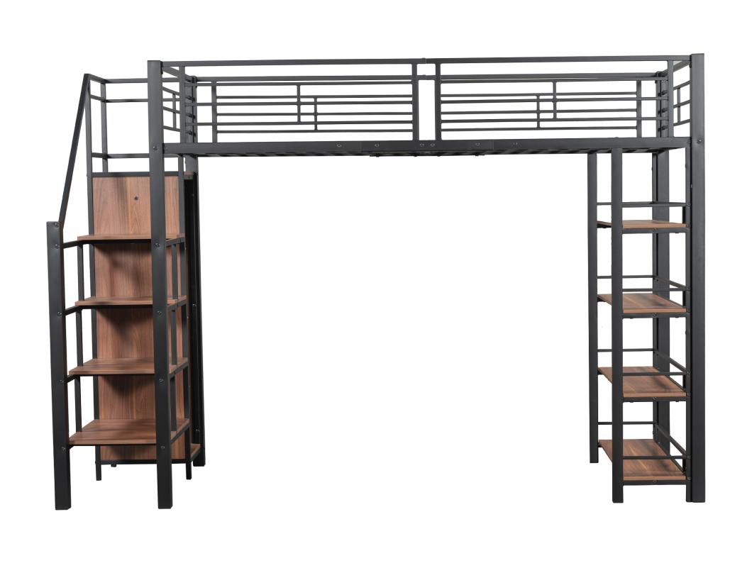 Cama alta 90x200 cm - con armario pequeño y estantes de almacenamiento - Negro