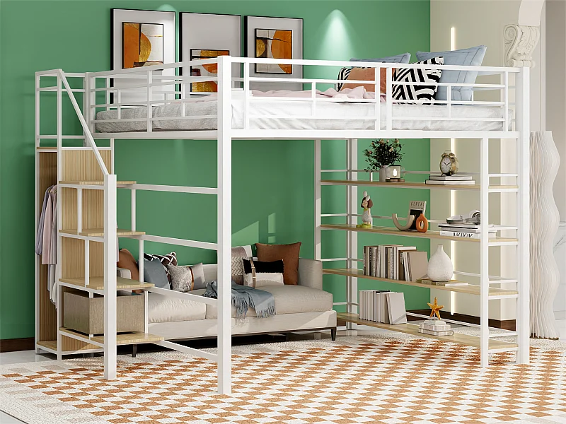 Cama entresuelo 140x200 cm - con pequeño armario y estantes de almacenamiento - Blanco