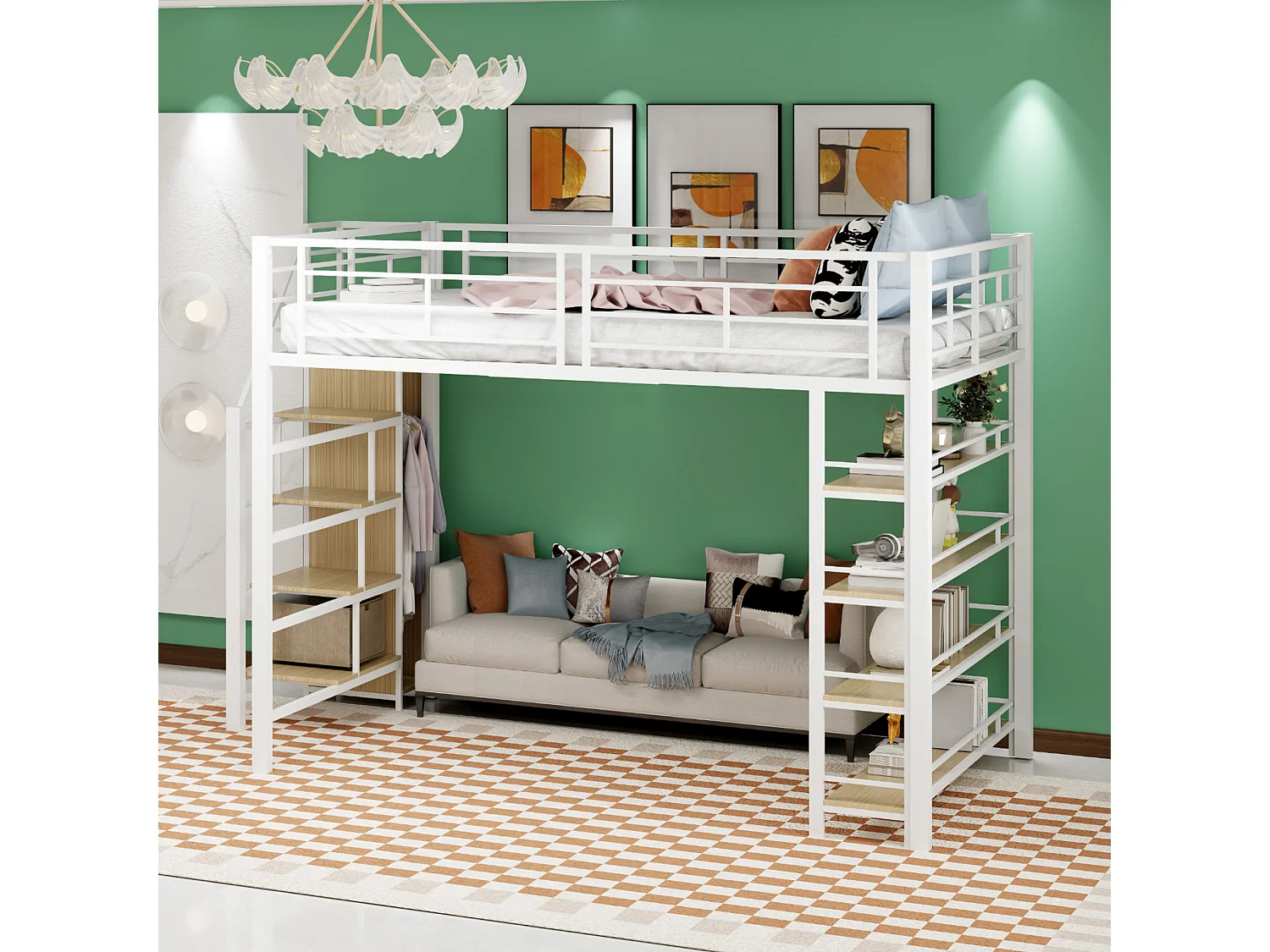 Cama mezanino 140x200 cm - com pequeno guarda-roupa e prateleiras de arrumação - Branco