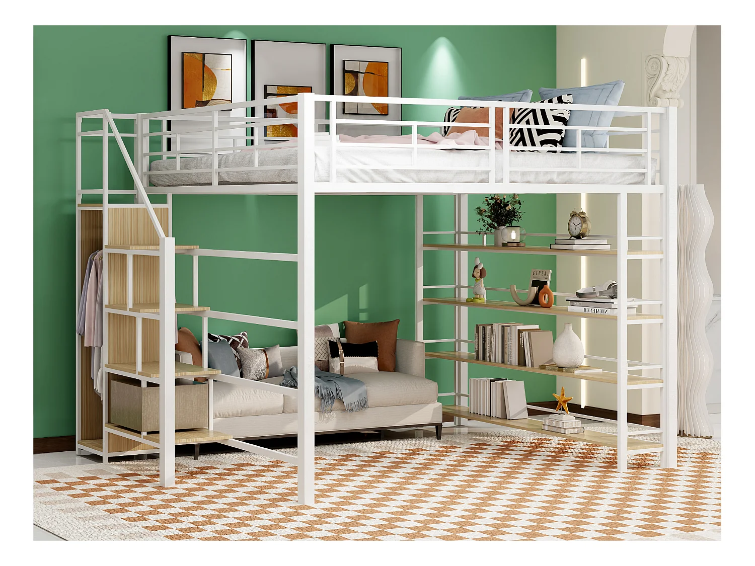 Lit mezzanine 140x200 cm - avec petite armoire et étagères de rangement - Blanc