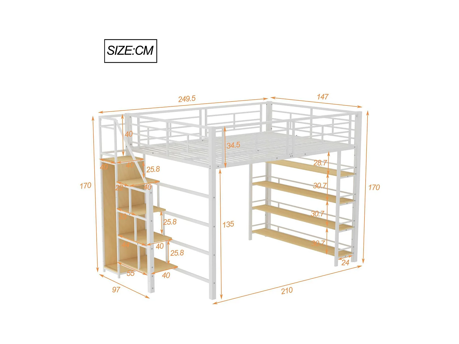 Cama entresuelo 140x200 cm - con pequeño armario y estantes de almacenamiento - Blanco