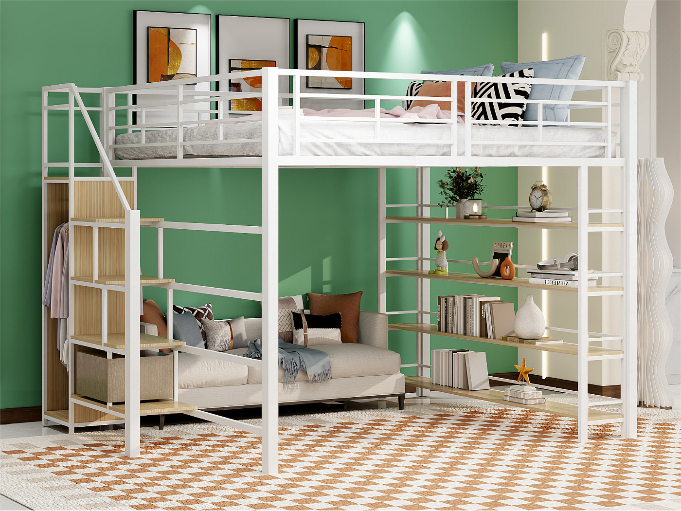 Letto a soppalco 90x200 cm in pino massiccio con scrivania e ripiano
