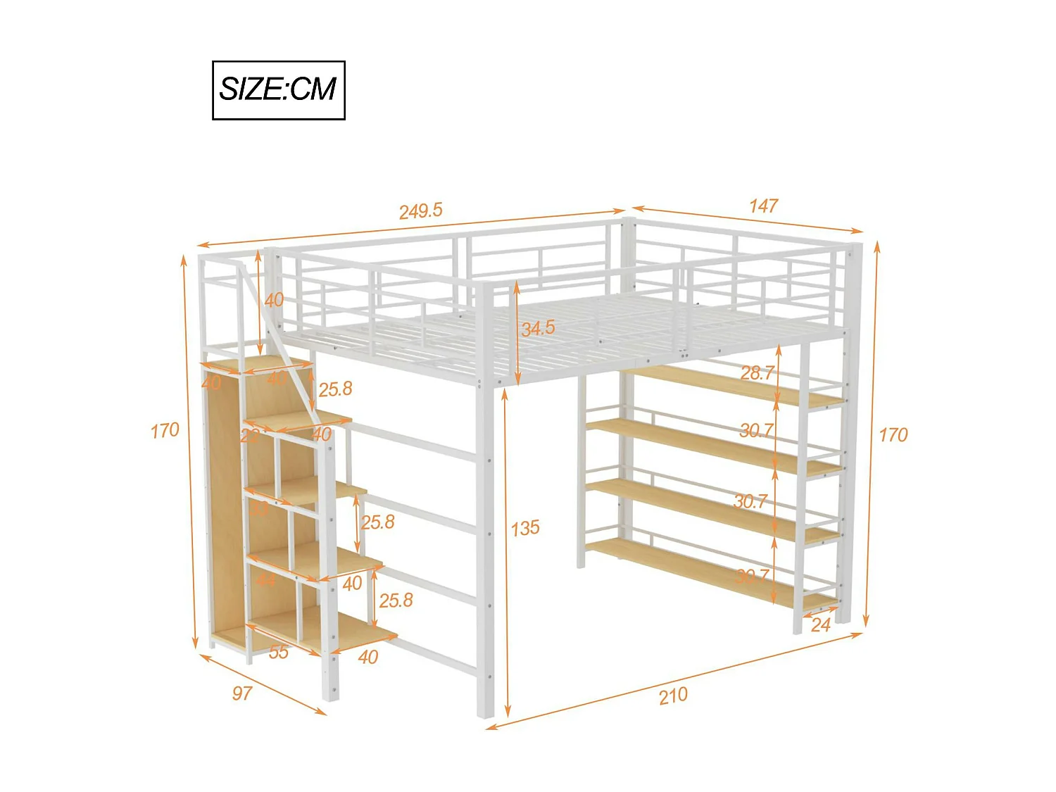 Hochbett 140 x 200 cm – mit kleinem Kleiderschrank und Ablagen – Weiß