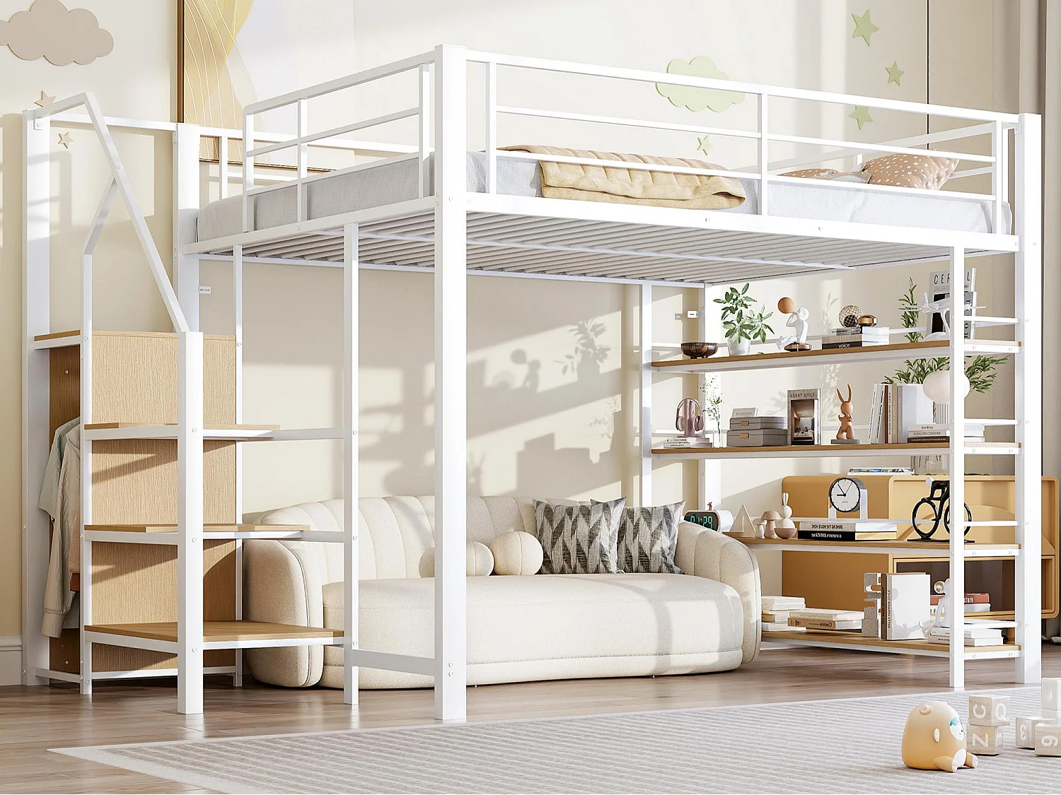 Hochbett 140 x 200 cm – mit kleinem Kleiderschrank und Ablagen – Weiß