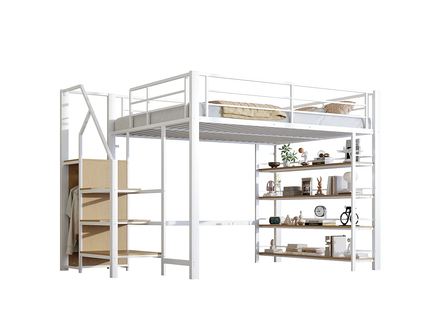 Hochbett 140 x 200 cm – mit kleinem Kleiderschrank und Ablagen – Weiß