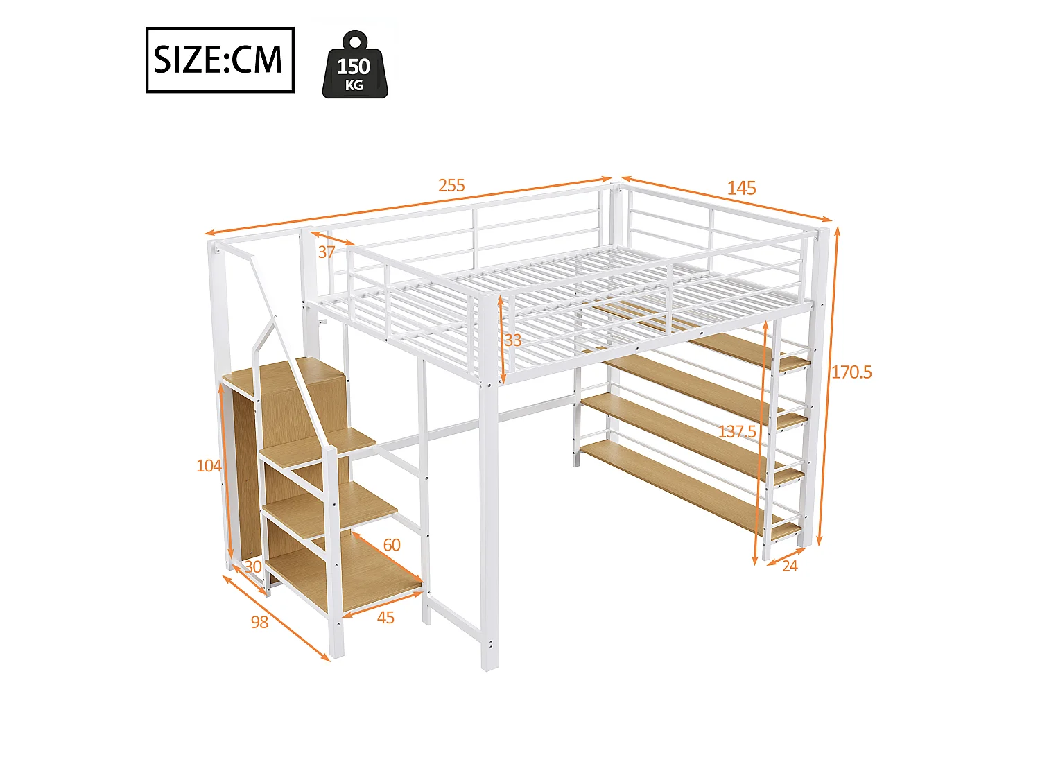 Hochbett 140 x 200 cm – mit kleinem Kleiderschrank und Ablagen – Weiß