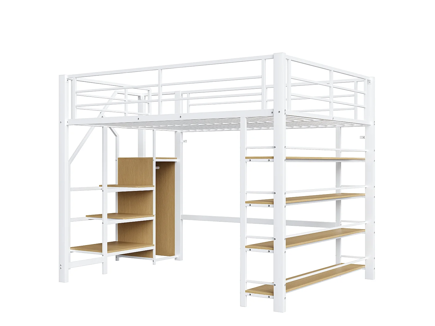 Hochbett 140 x 200 cm – mit kleinem Kleiderschrank und Ablagen – Weiß