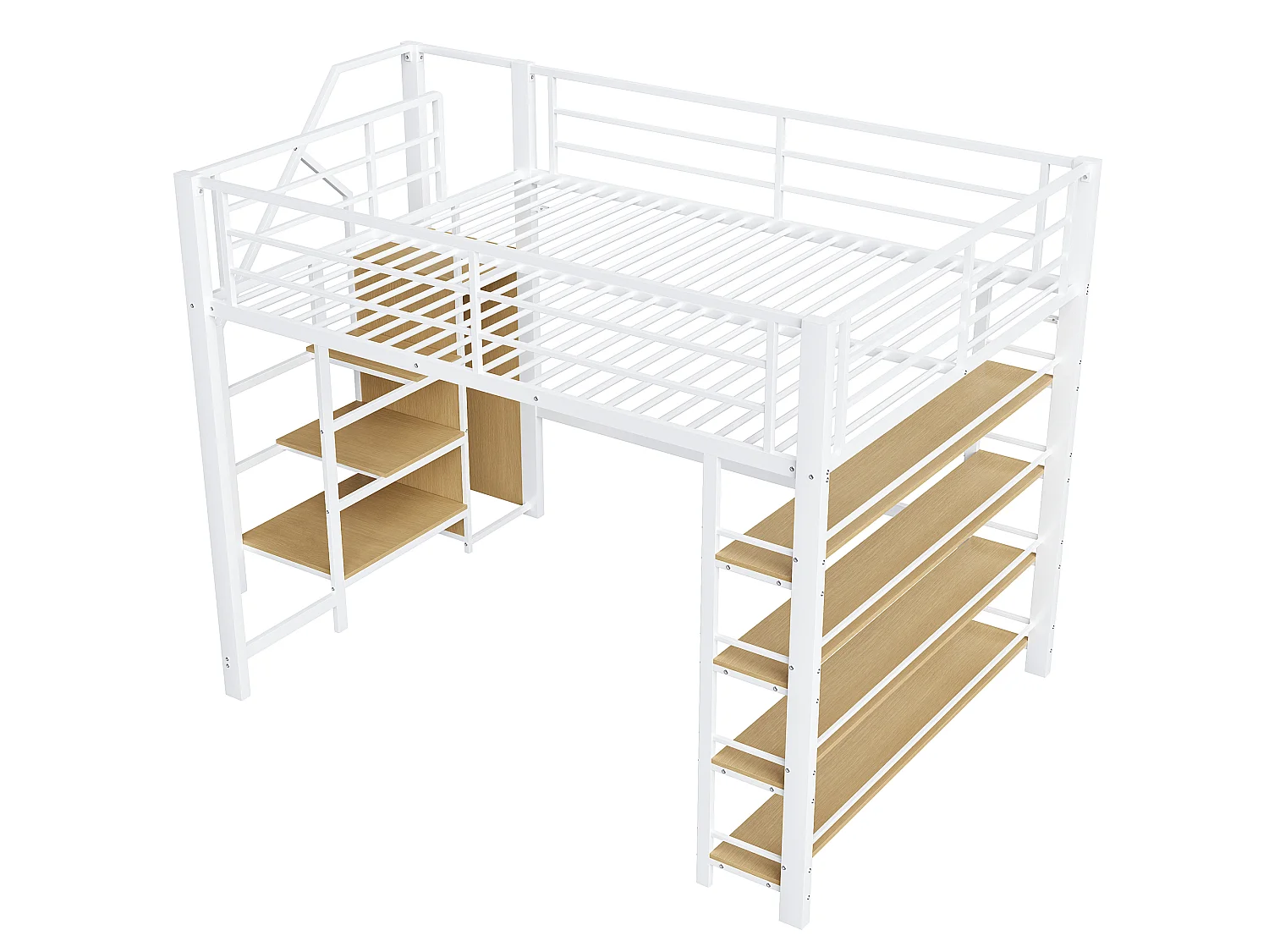 Hochbett 140 x 200 cm – mit kleinem Kleiderschrank und Ablagen – Weiß