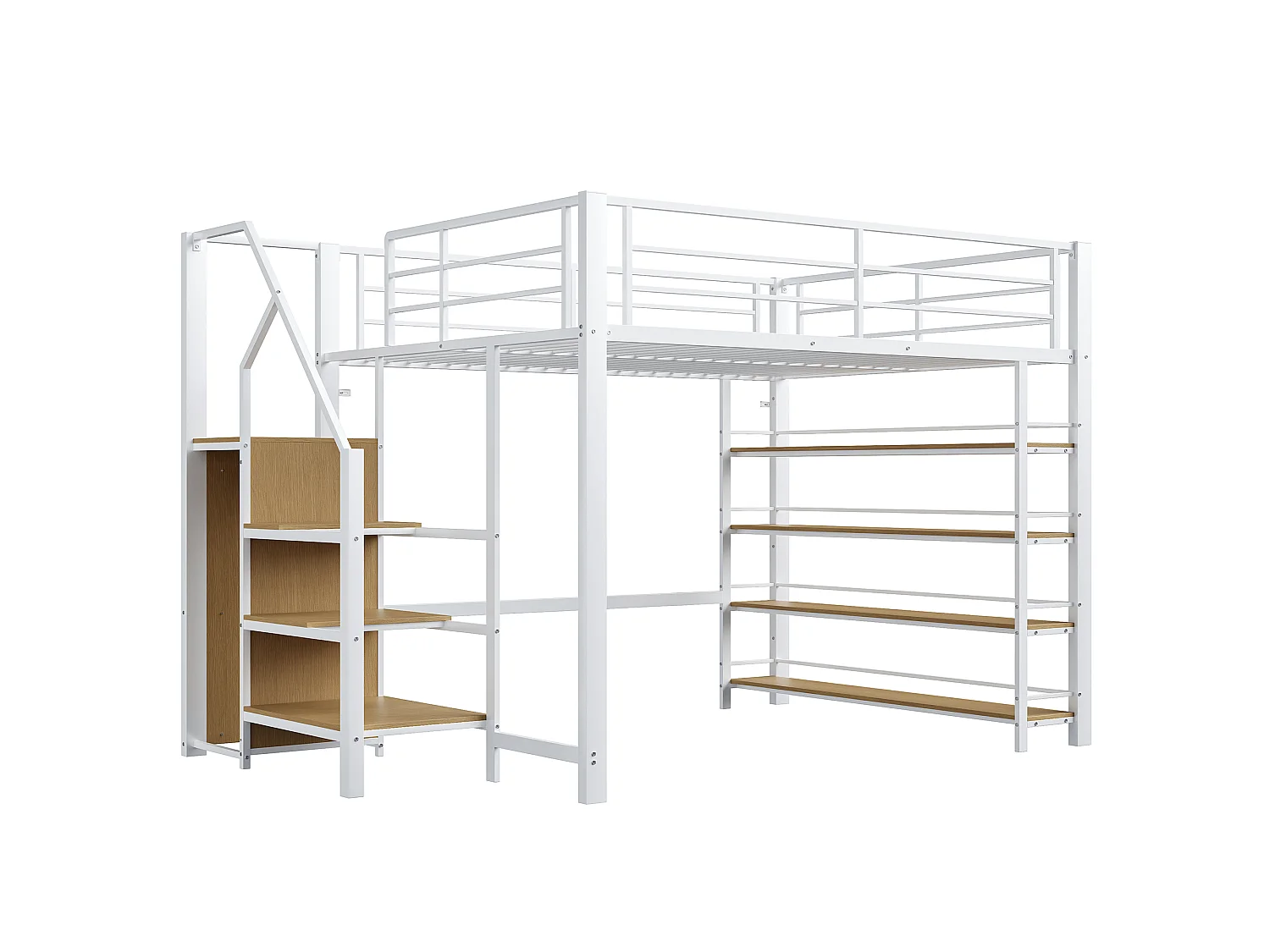 Hochbett 140 x 200 cm – mit kleinem Kleiderschrank und Ablagen – Weiß