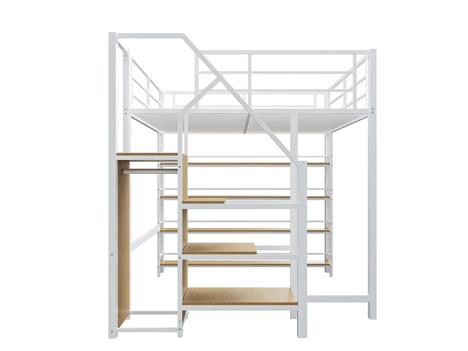 Hochbett 140 x 200 cm – mit kleinem Kleiderschrank und Ablagen – Weiß