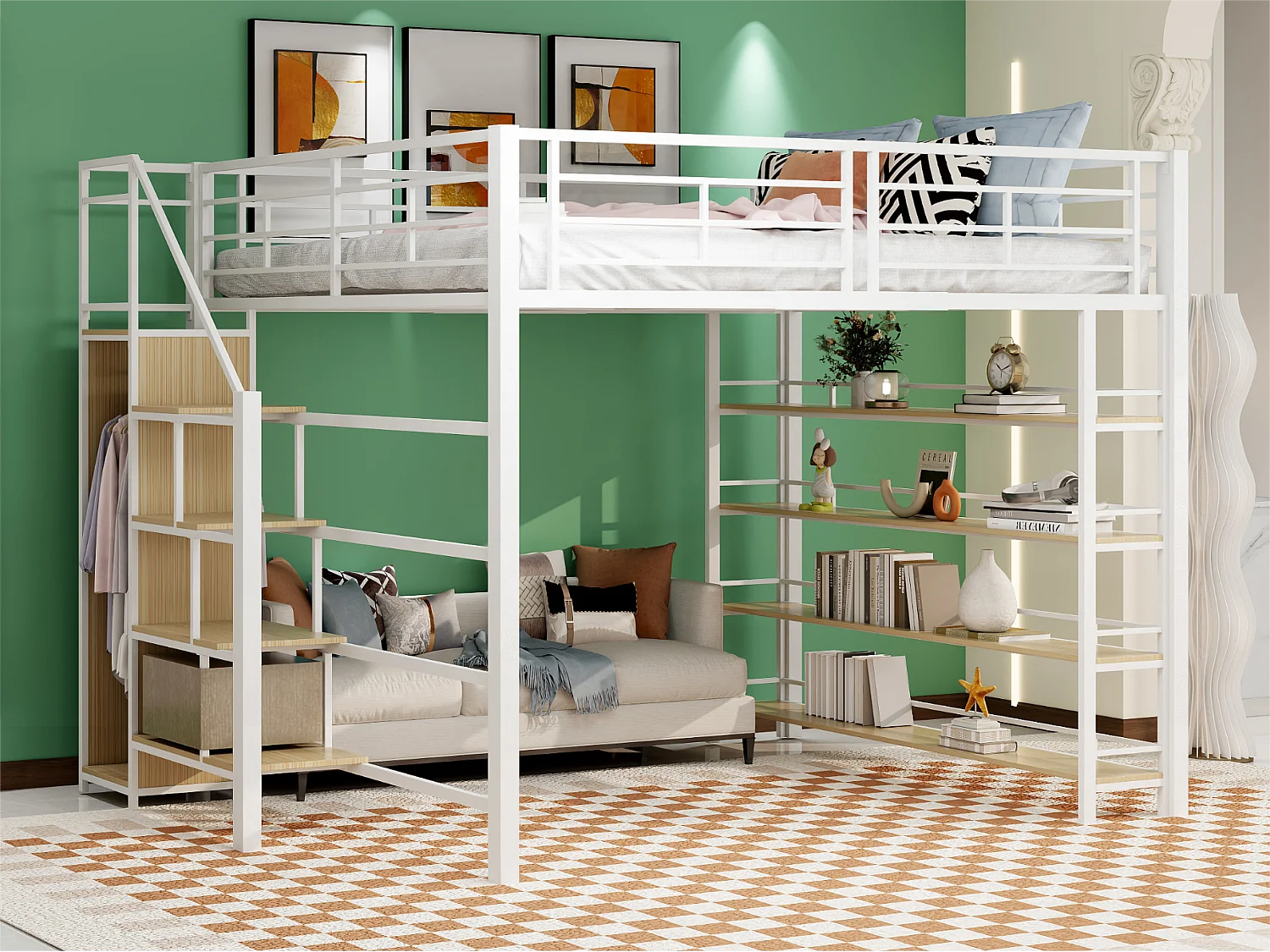 Cama mezanino 140x200 cm - com pequeno guarda-roupa e prateleiras de arrumação - Branco