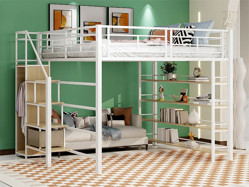 Lit mezzanine 140x200 cm - avec petite armoire et étagères de rangement - Blanc