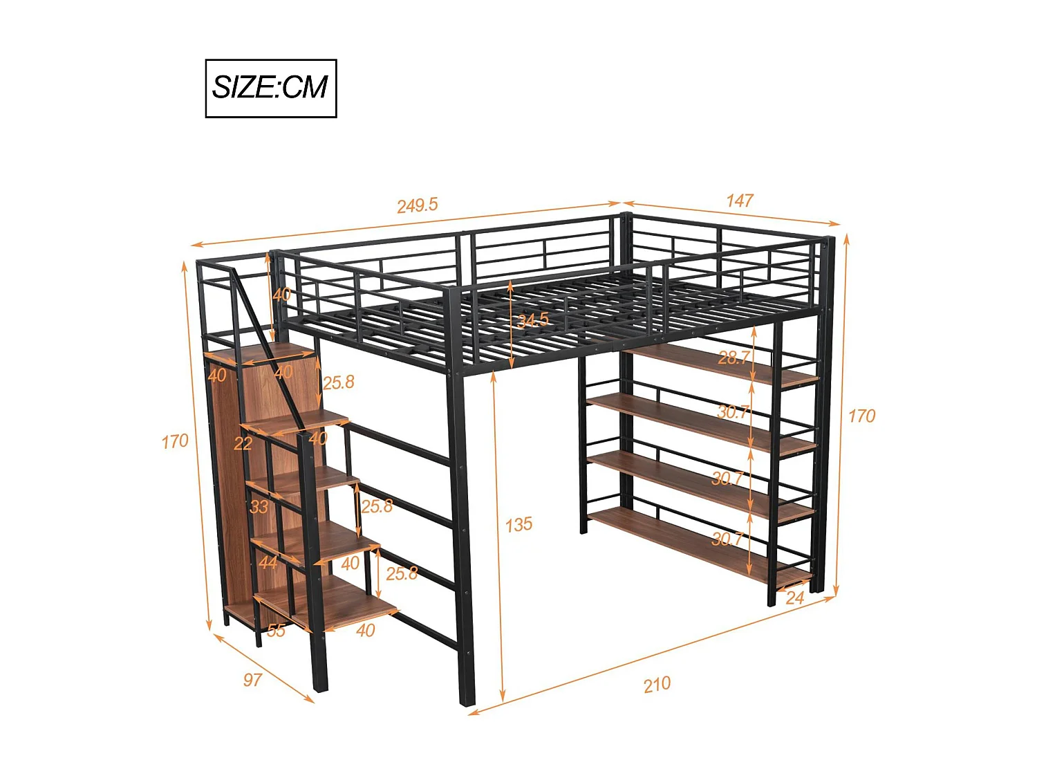 Mezzanine-Bett 140 x 200 cm – mit kleinem Kleiderschrank und Ablagen – Schwarz
