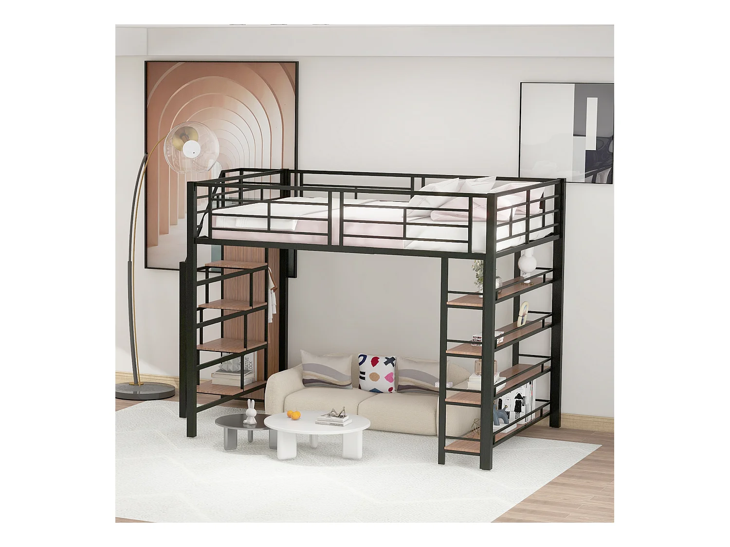 Cama entresuelo 140x200 cm - con pequeño armario y estantes de almacenamiento - Negro