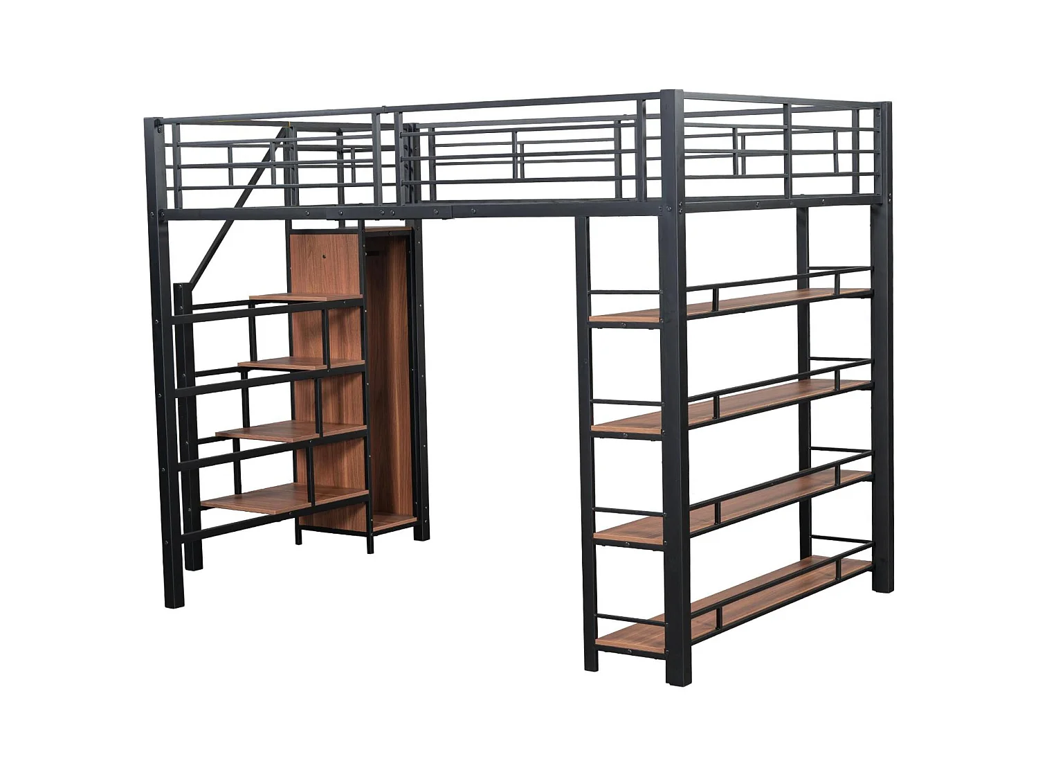 Cama entresuelo 140x200 cm - con pequeño armario y estantes de almacenamiento - Negro