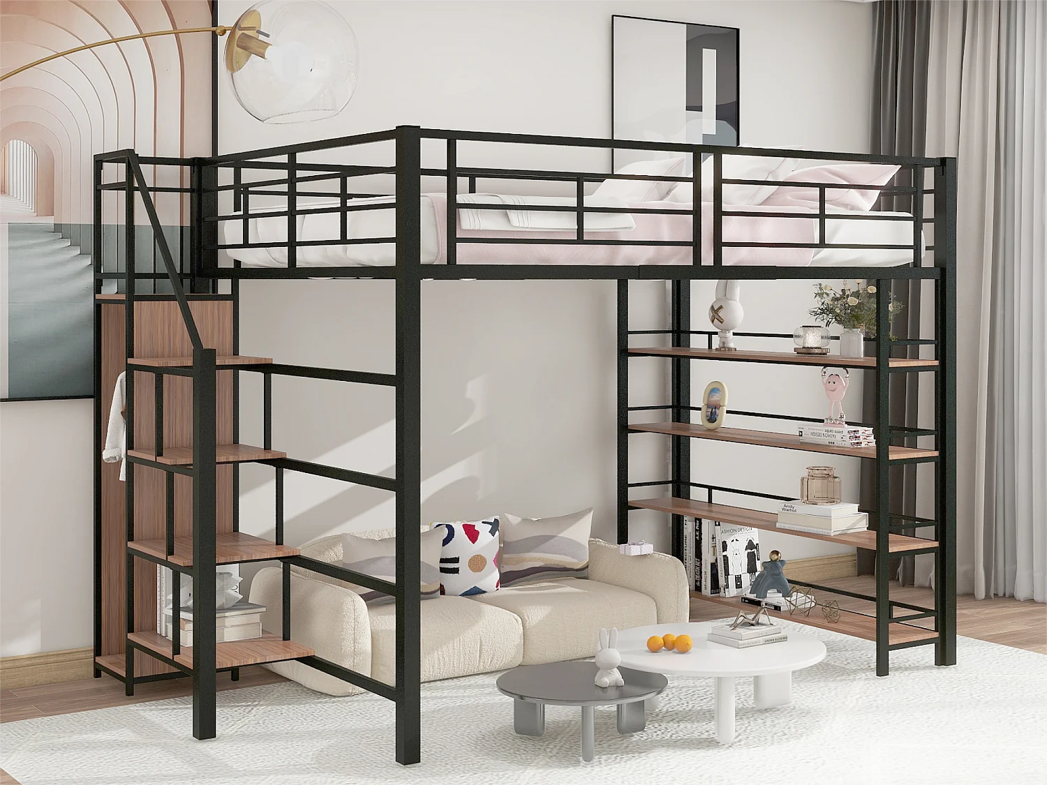 Mezzaninebed 140x200 cm - met kleine kledingkast en opbergplanken - Zwart