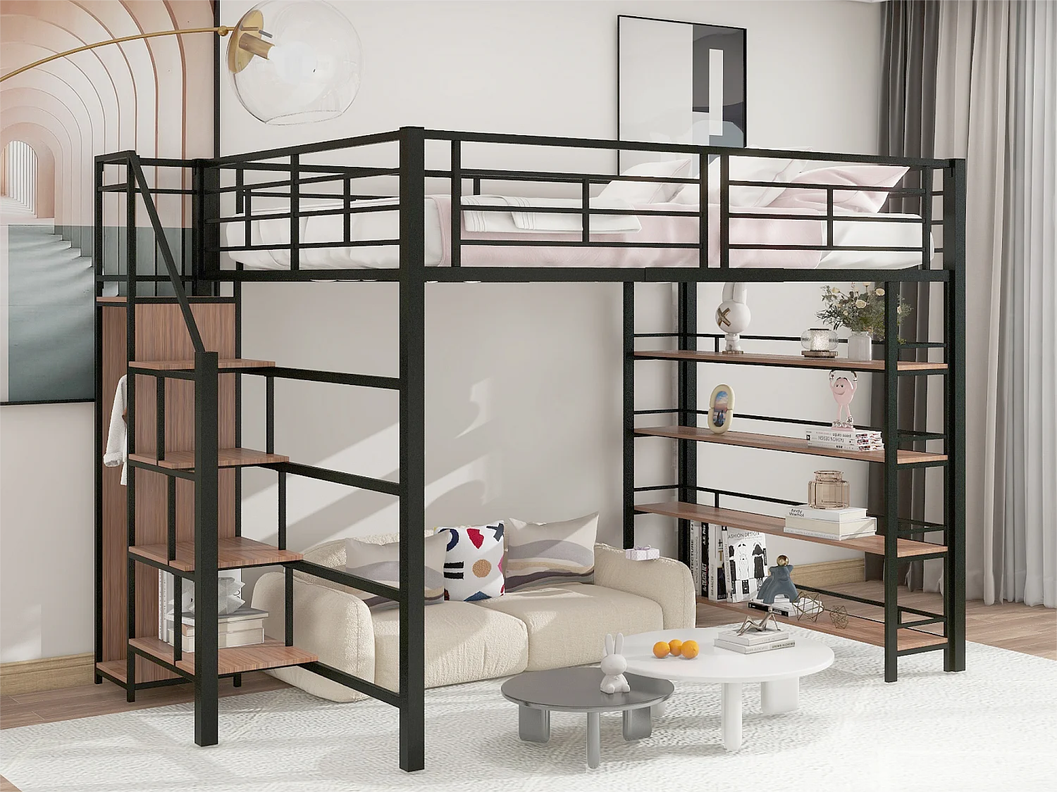 Cama mezanino 140x200 cm - com pequeno guarda-roupa e prateleiras de arrumação - Preto