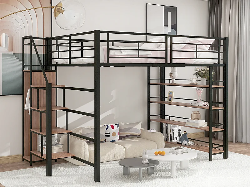 Cama entresuelo 140x200 cm - con pequeño armario y estantes de almacenamiento - Negro