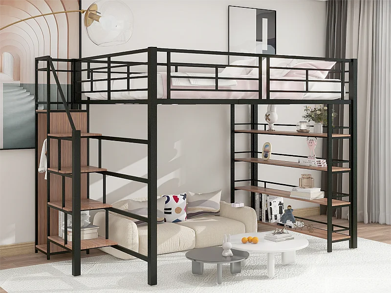 Letto soppalco 140x200 cm - con piccolo armadio e ripiani portaoggetti - Nero