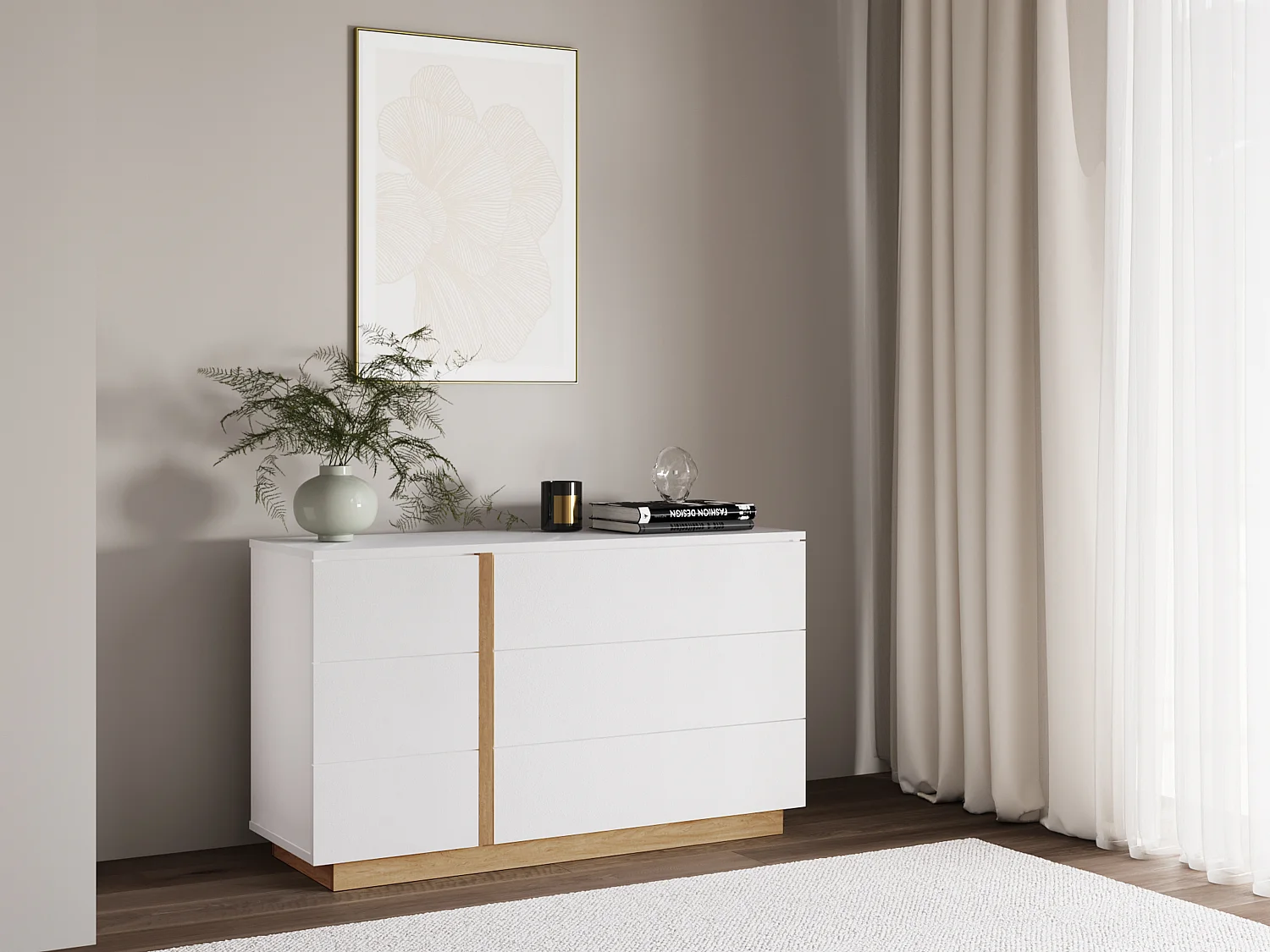 Commode 6 tiroirs - Blanc et naturel - NAPOLI II