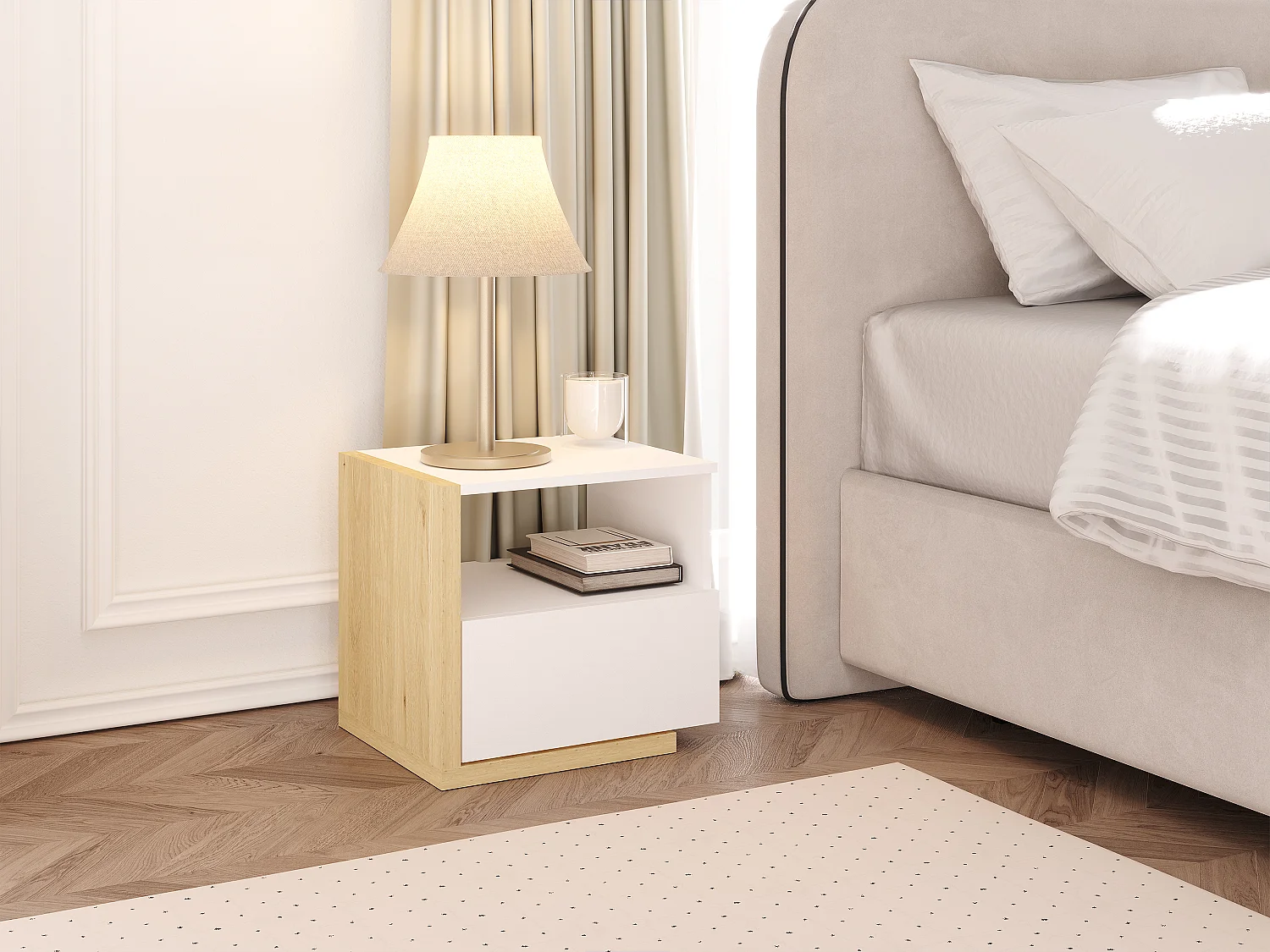 Table de chevet scandinave - 1 tiroir et 1 niche - Blanc et naturel - NAPOLI II