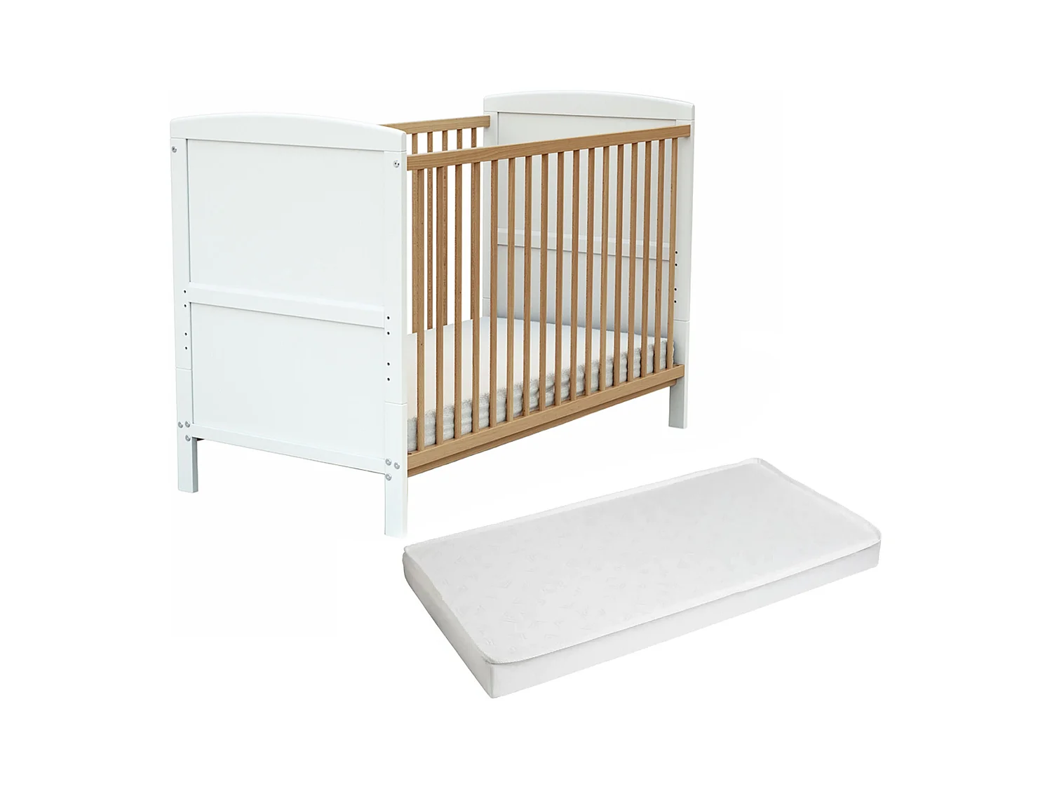 Cama de bebê ajustável de madeira com colchão ESSENTIEL de madeira Branco e Faia envernizada