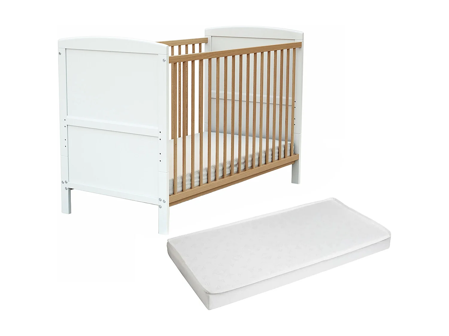 Cama de bebê ajustável de madeira com colchão ESSENTIEL de madeira Branco e Faia envernizada