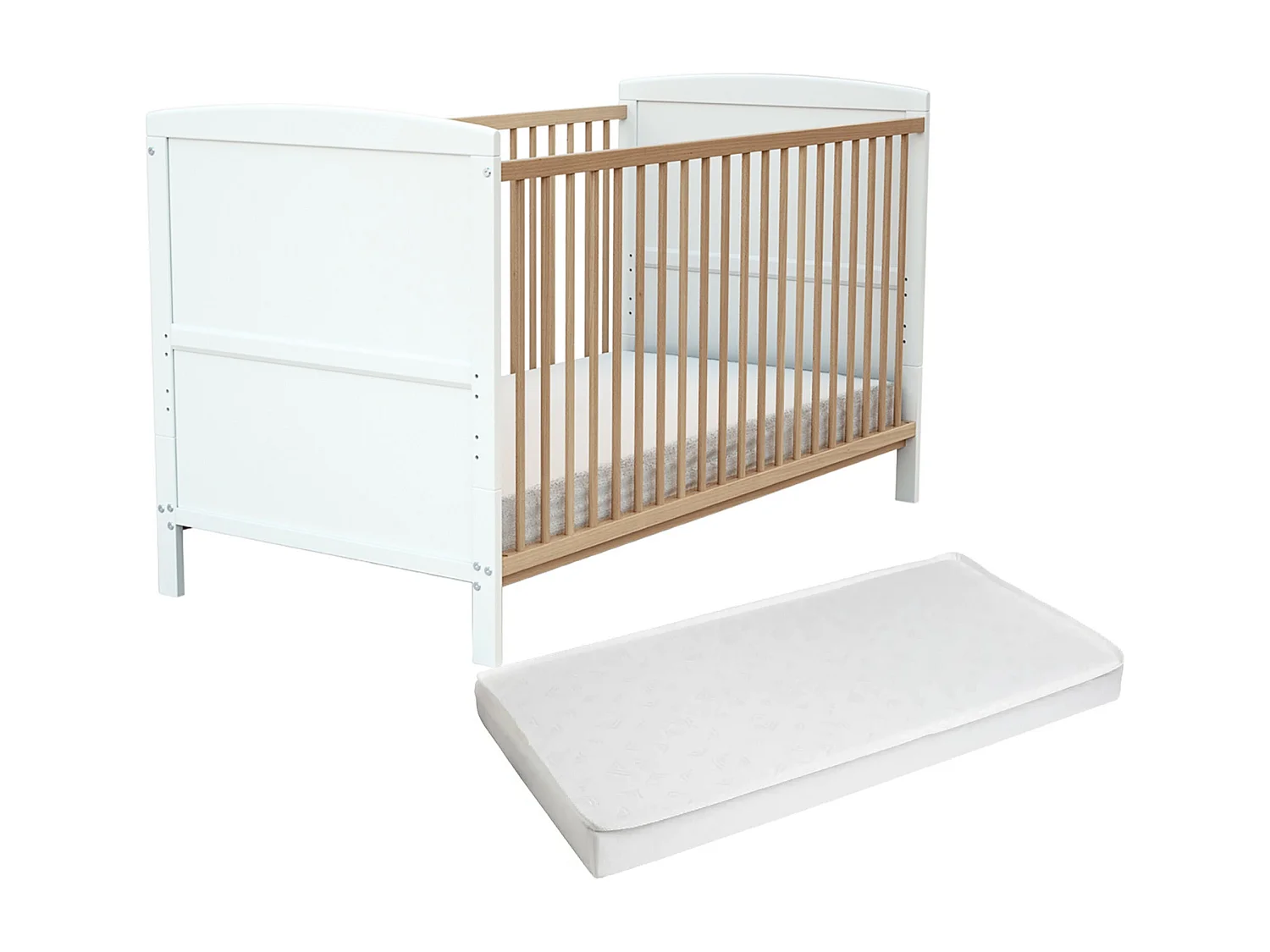 Cama de bebê ajustável de madeira com colchão ESSENTIEL de madeira Branco e Faia envernizada