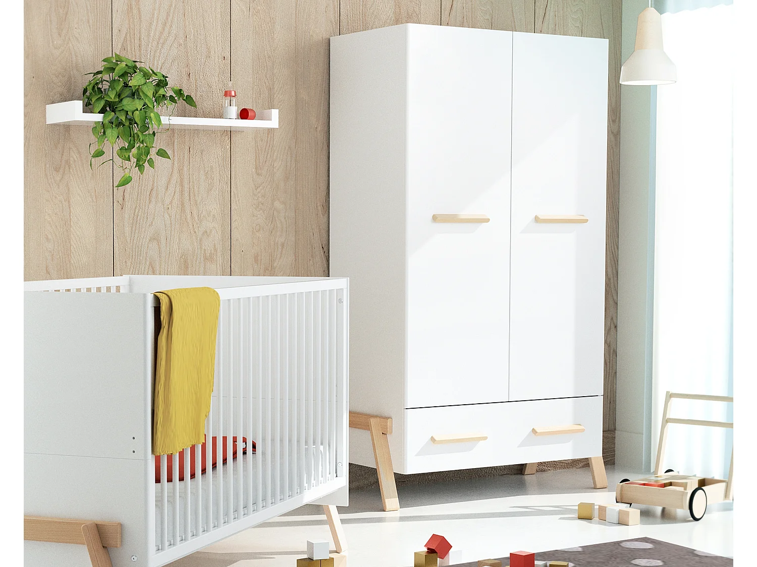 Armoire enfant 2 portes en bois CANAILLE Blanc et Hêtre 108 x 53 x176 cm