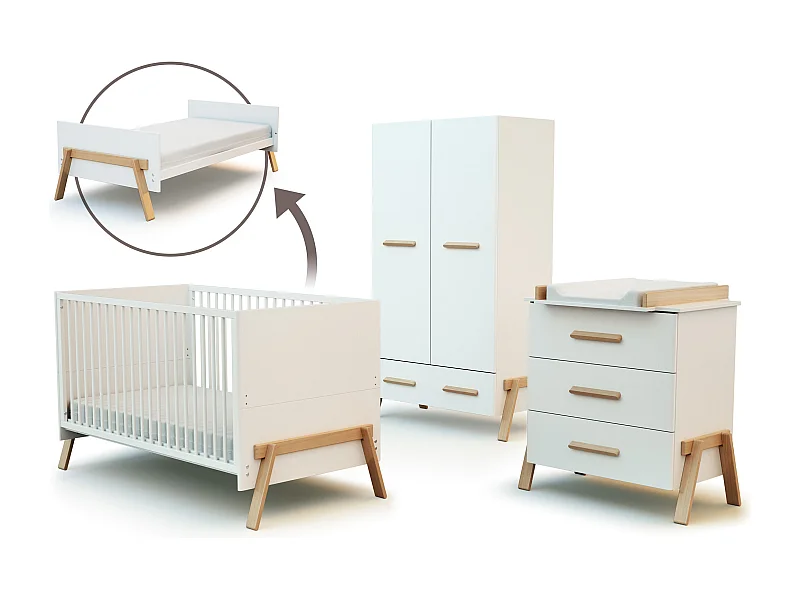 Chambre bébé lit, commode à langer 3 Tiroirs + armoire en bois