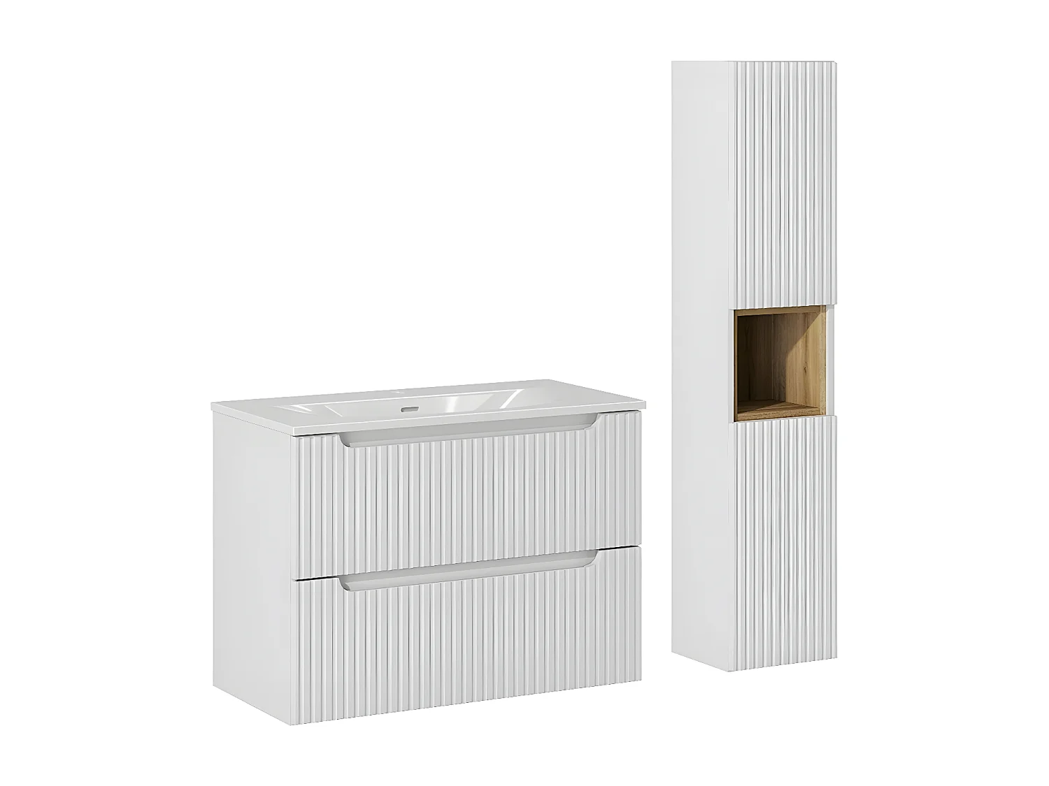Ensemble meuble simple vasque encastrée 80cm 2 tiroirs et colonne Riva Blanc et Bois
