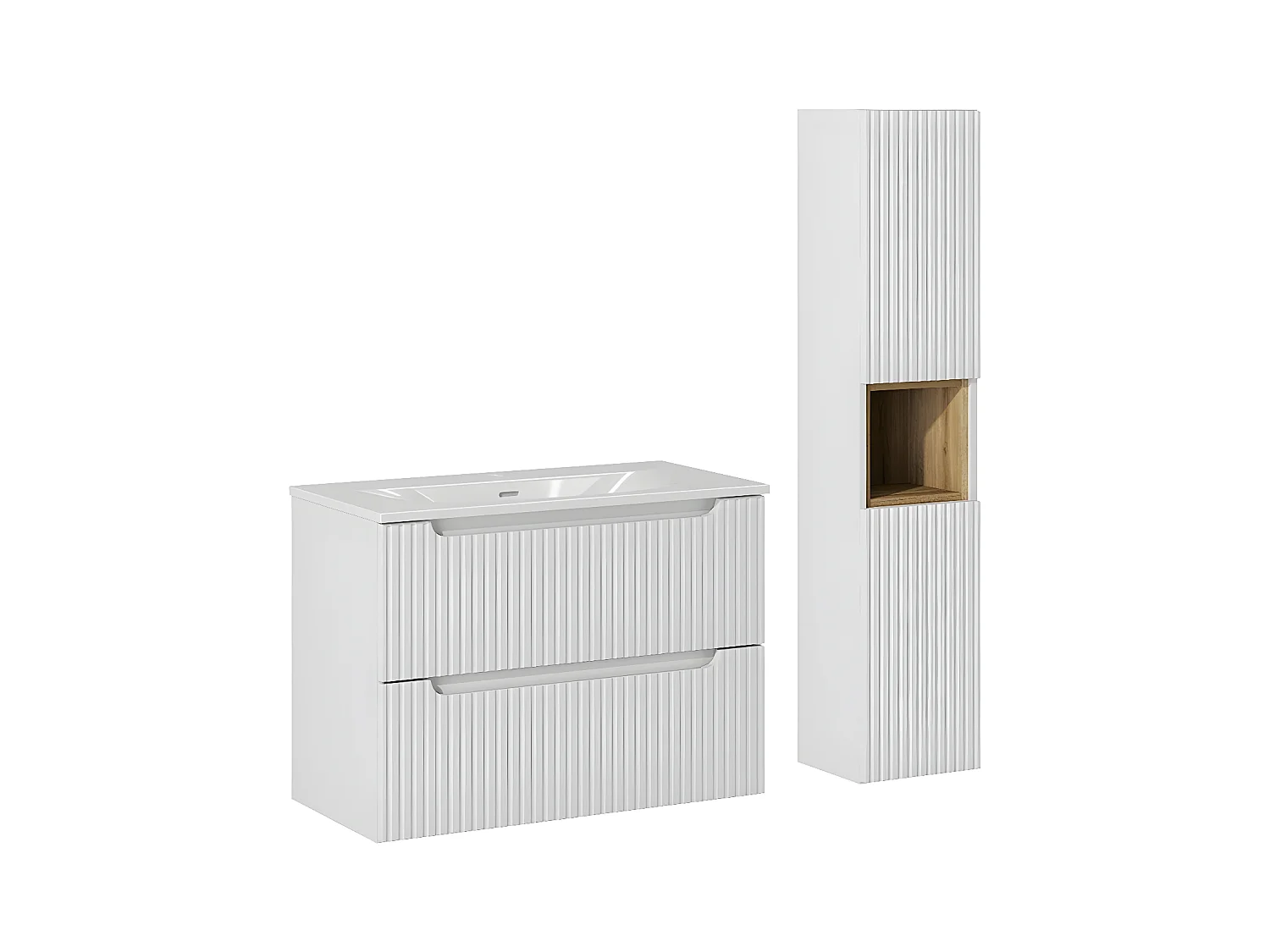 Ensemble meuble simple vasque encastrée 80cm 2 tiroirs et colonne Riva Blanc et Bois