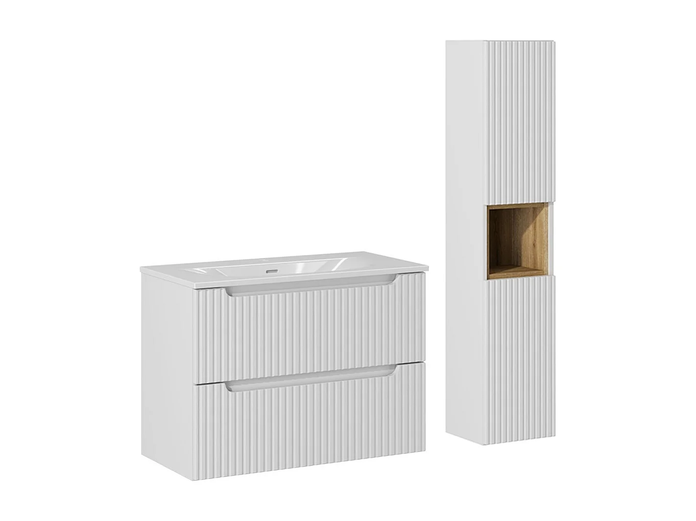 Möbelset Einzelwaschtisch 80cm 2 Schubladen und Säule Riva Weiß und Holz